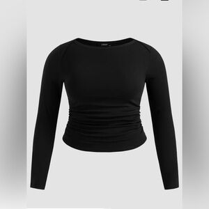 Cotton-blend Boat neckline solid Ruched long sleeve crop tea, curvy plus